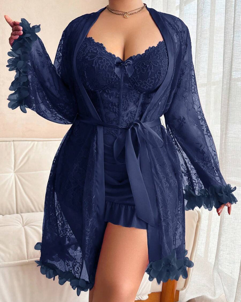 Plus size Lace Cami Nightgown & Floral Lace Trim Wide Sleeve Sheer Robe