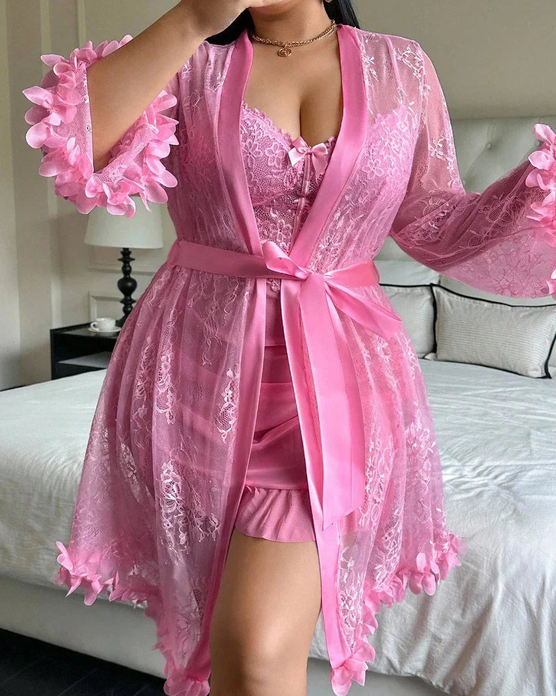 Plus size Lace Cami Nightgown & Floral Lace Trim Wide Sleeve Sheer Robe
