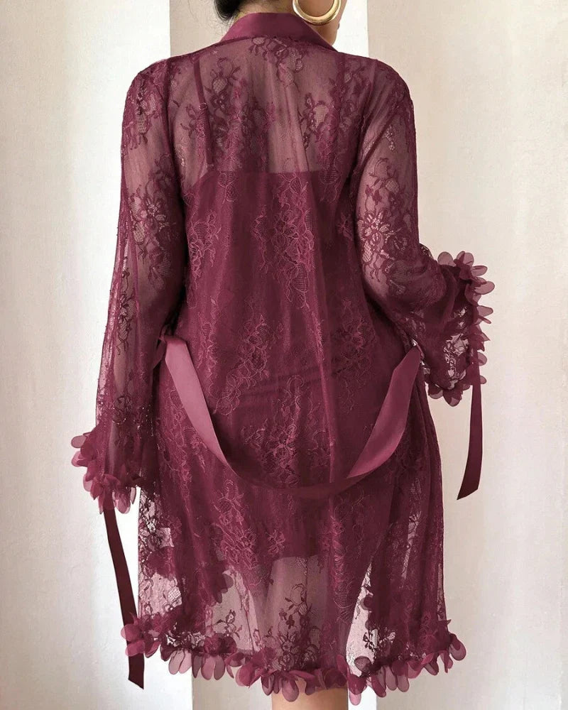 Plus size Lace Cami Nightgown & Floral Lace Trim Wide Sleeve Sheer Robe