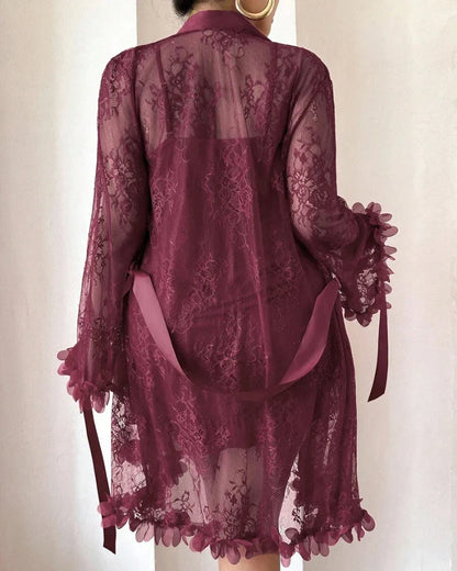Plus size Lace Cami Nightgown & Floral Lace Trim Wide Sleeve Sheer Robe