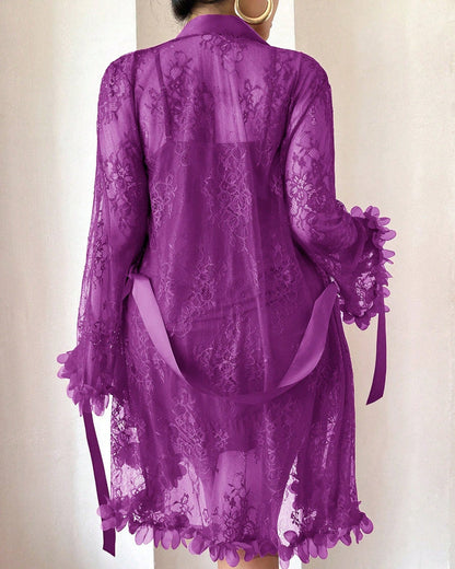 Plus size Lace Cami Nightgown & Floral Lace Trim Wide Sleeve Sheer Robe