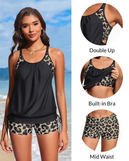 Two-Piece Blouson Tankini Swimsuit with Boyshorts