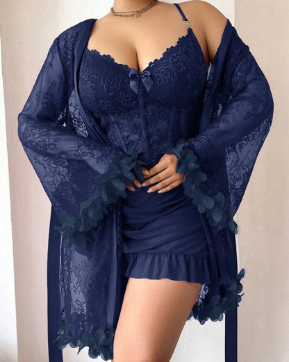 Plus size Lace Cami Nightgown & Floral Lace Trim Wide Sleeve Sheer Robe