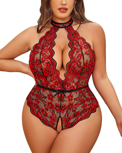 Plus Size Lace Teddy – Halter Crotchless Bodysuit for Curves