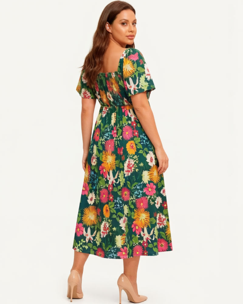 Floral Smocked Square Neck Midi Dress with Pockets