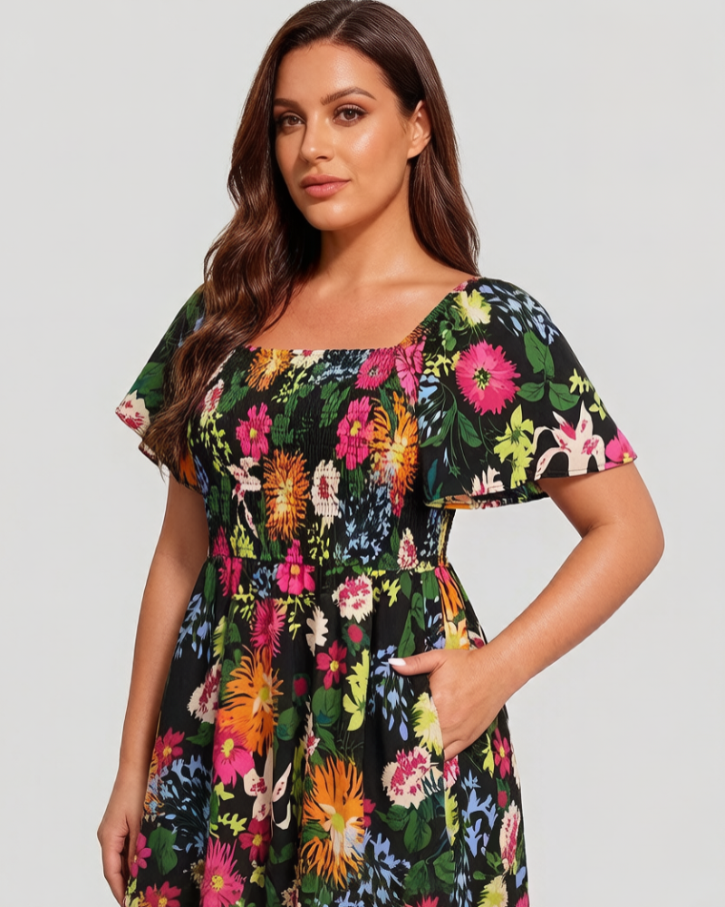 Floral Smocked Square Neck Midi Dress with Pockets