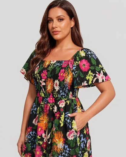 Floral Smocked Square Neck Midi Dress with Pockets