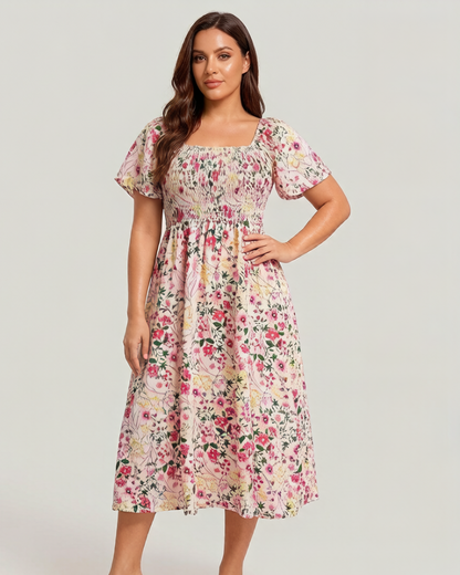 Floral Smocked Square Neck Midi Dress with Pockets