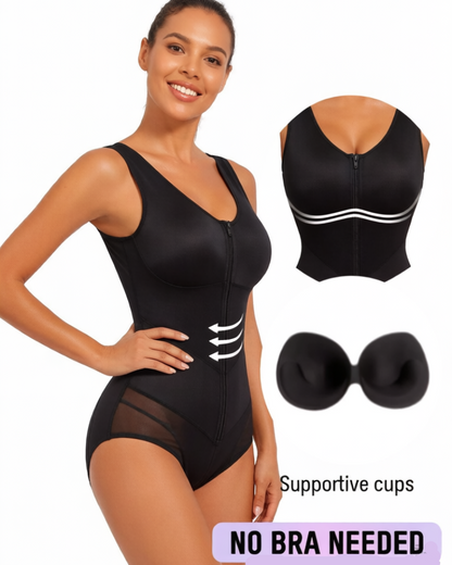 Front-zip body shaper with tummy control and smoothing fit.