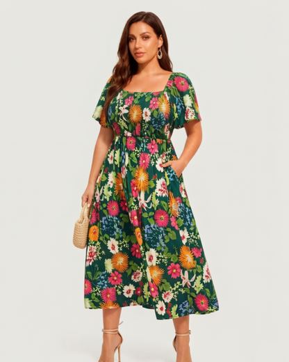 Floral Smocked Square Neck Midi Dress with Pockets