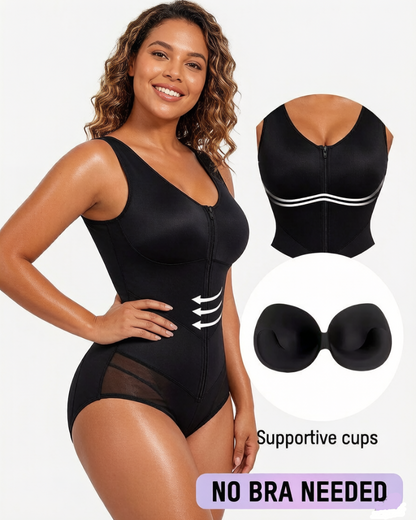Front-zip body shaper with tummy control and smoothing fit.