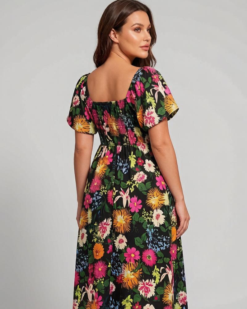 Floral Smocked Square Neck Midi Dress with Pockets