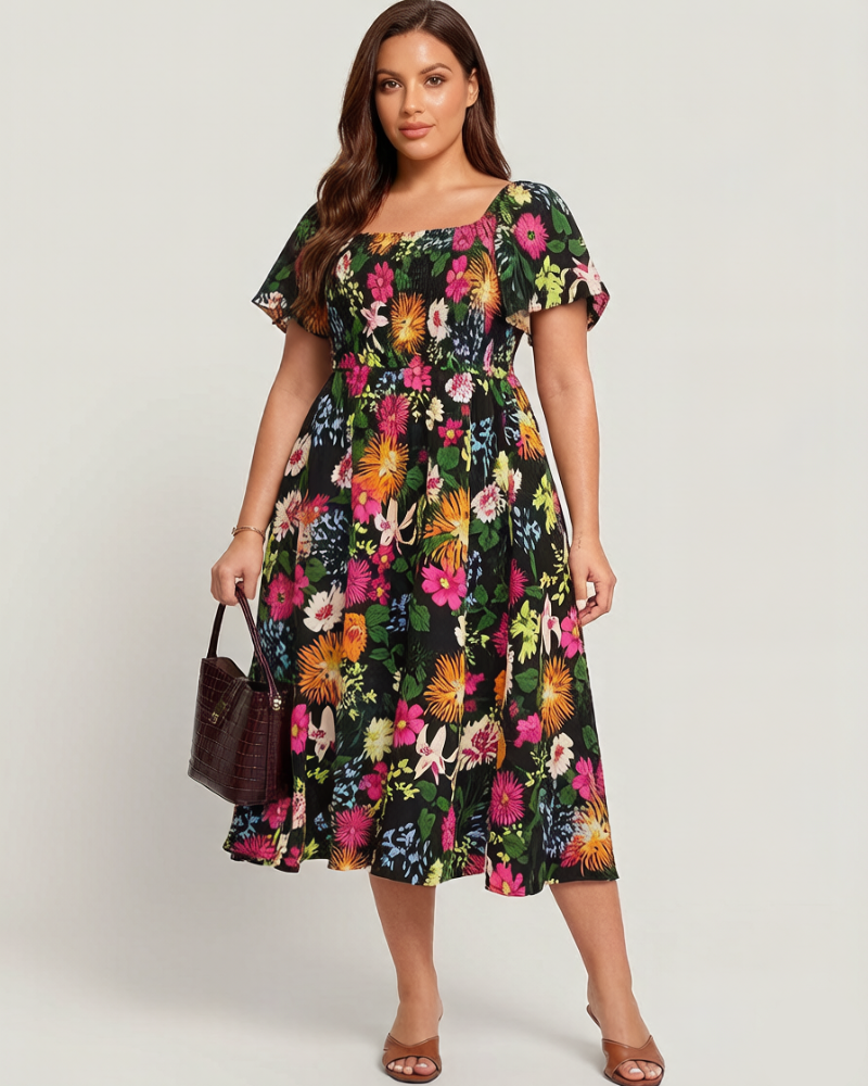 Floral Smocked Square Neck Midi Dress with Pockets