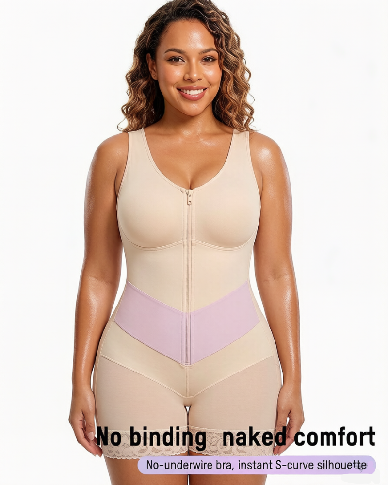 Front-zip body shaper with tummy control and smoothing fit.