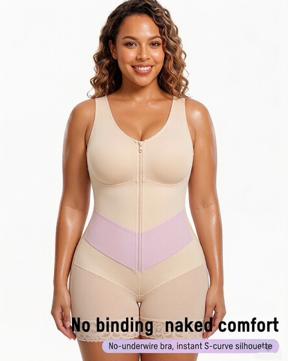Front-zip body shaper with tummy control and smoothing fit.