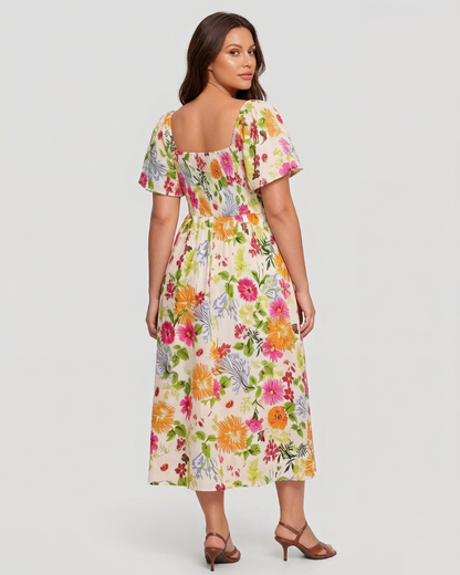 Floral Smocked Square Neck Midi Dress with Pockets