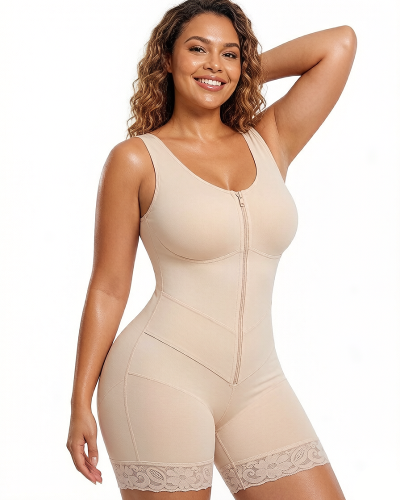 Front-zip body shaper with tummy control and smoothing fit.
