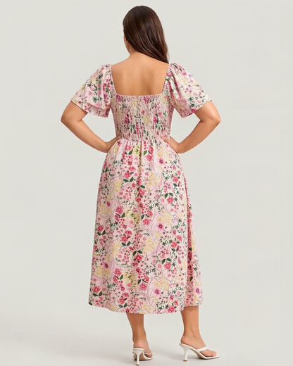 Floral Smocked Square Neck Midi Dress with Pockets