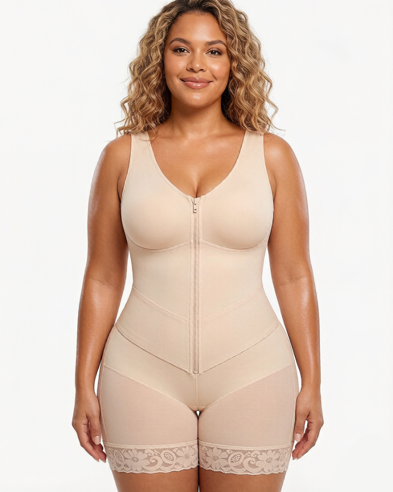 Front-zip body shaper with tummy control and smoothing fit.