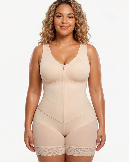 Front-zip body shaper with tummy control and smoothing fit.
