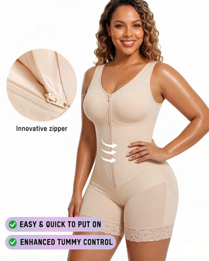Front-zip body shaper with tummy control and smoothing fit.