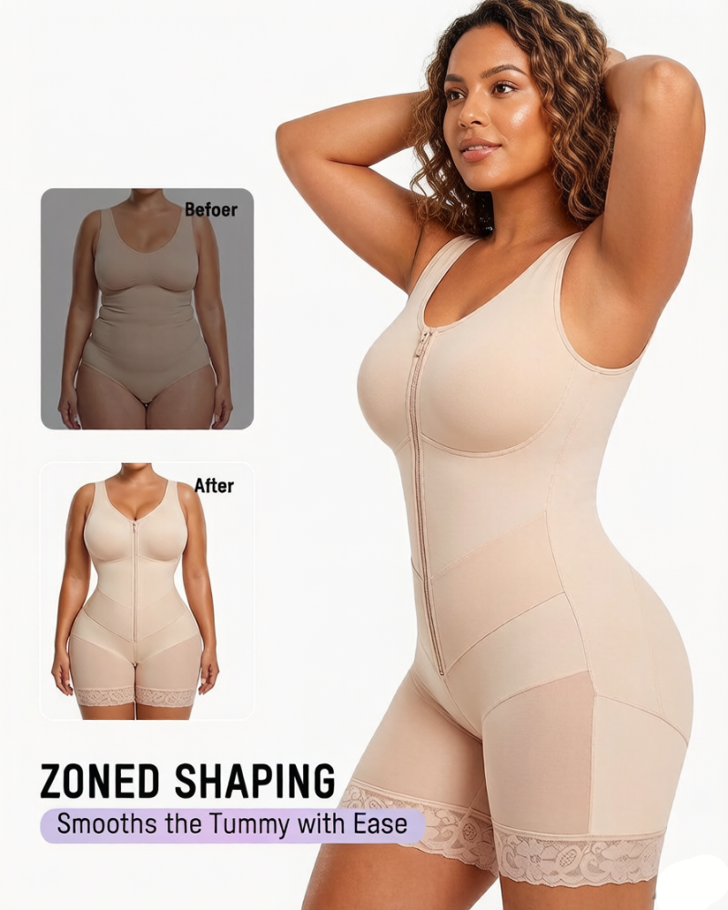 Front-zip body shaper with tummy control and smoothing fit.