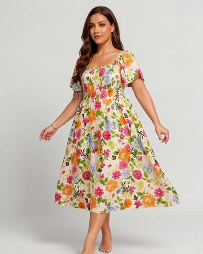 Floral Smocked Square Neck Midi Dress with Pockets