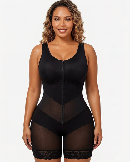 Front-zip body shaper with tummy control and smoothing fit.