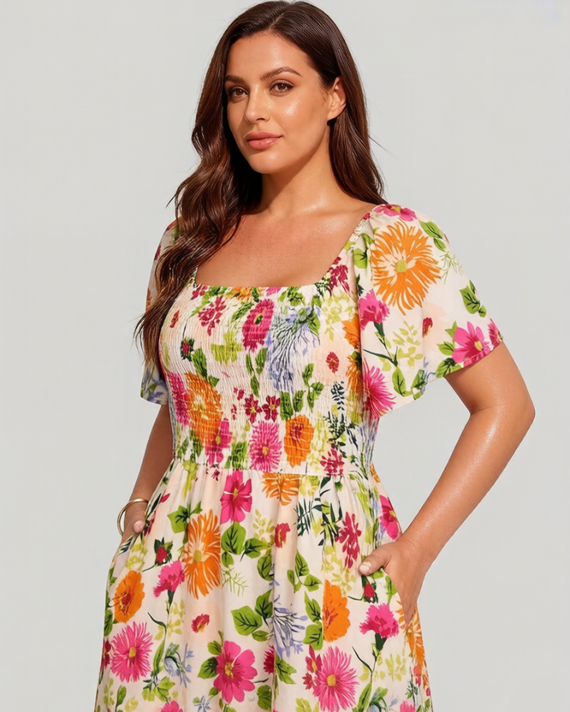 Floral Smocked Square Neck Midi Dress with Pockets