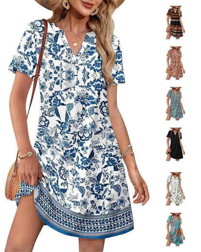 Summer 2026 Women’s V-Neck Casual Short Sleeve Dress Beach Wedding Vacation Wear