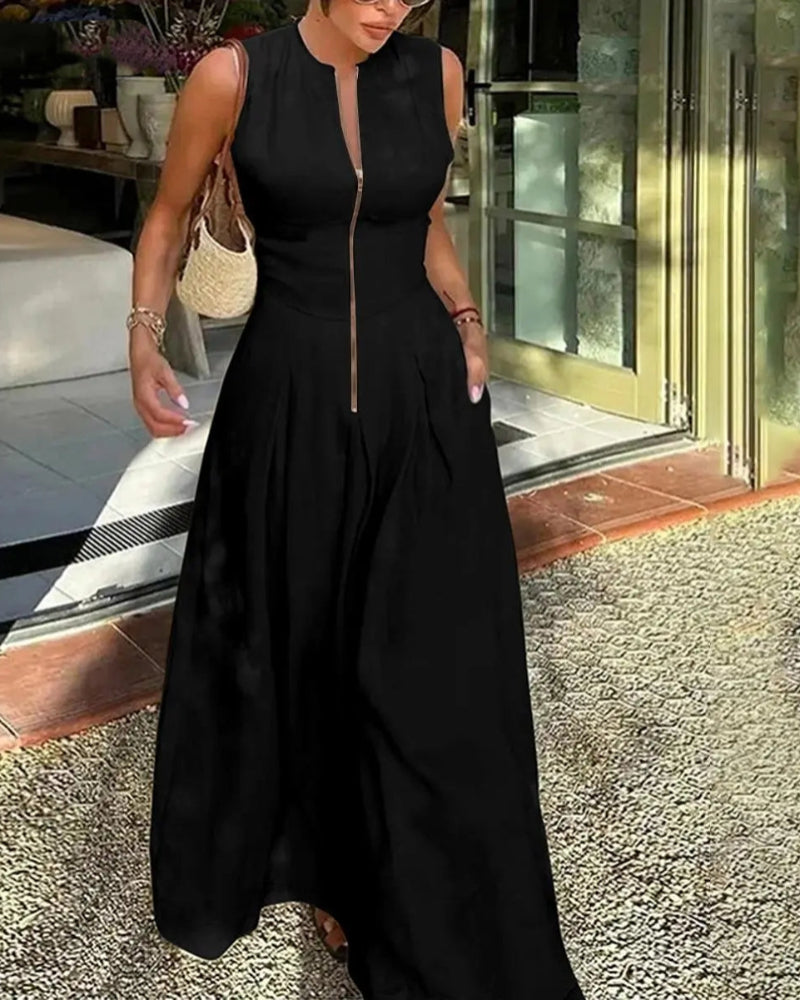Women’s Loose Fit Maxi Dress – Pleated, Pocket, Slit, Summer Comfort Dress