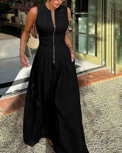 Women’s Loose Fit Maxi Dress – Pleated, Pocket, Slit, Summer Comfort Dress
