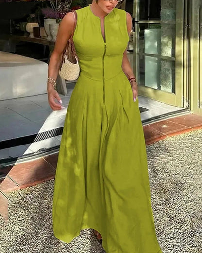 Women’s Loose Fit Maxi Dress – Pleated, Pocket, Slit, Summer Comfort Dress