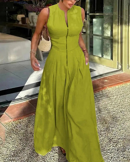Women’s Loose Fit Maxi Dress – Pleated, Pocket, Slit, Summer Comfort Dress