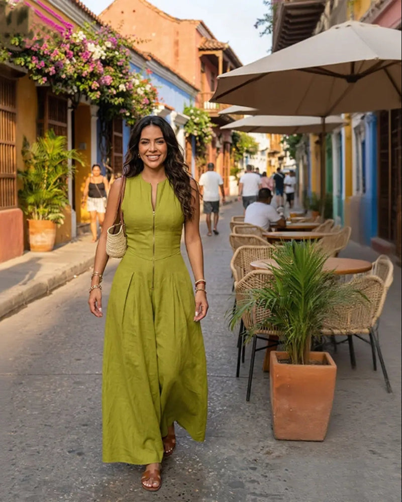 Women’s Loose Fit Maxi Dress – Pleated, Pocket, Slit, Summer Comfort Dress