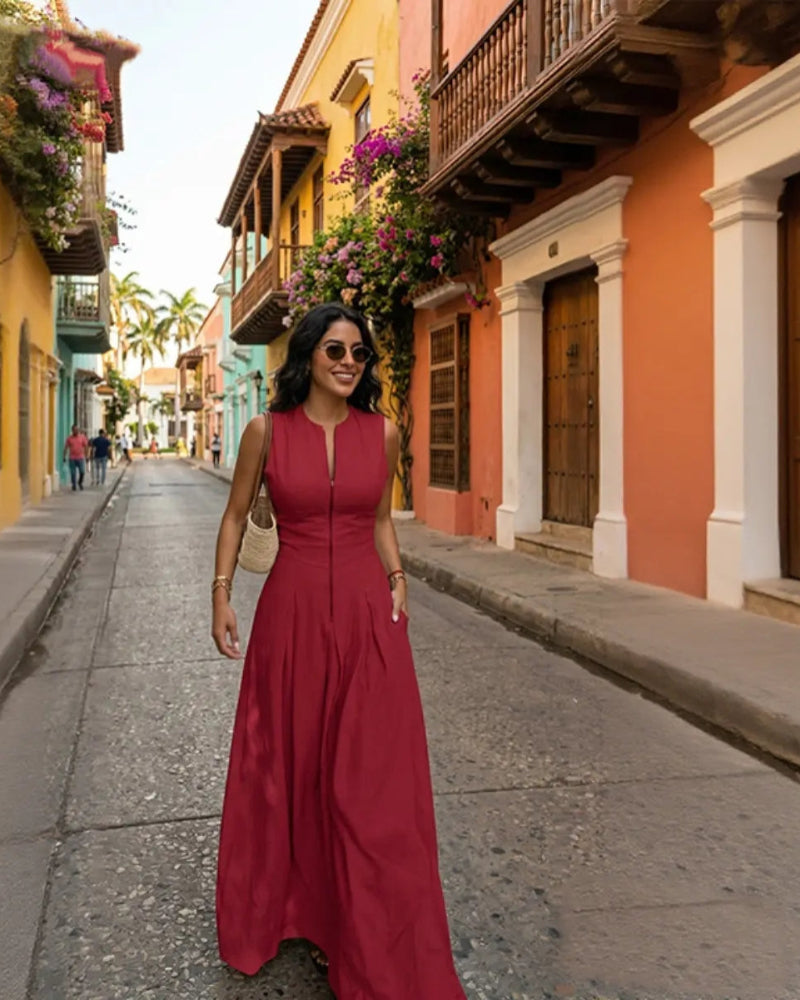 Women’s Loose Fit Maxi Dress – Pleated, Pocket, Slit, Summer Comfort Dress